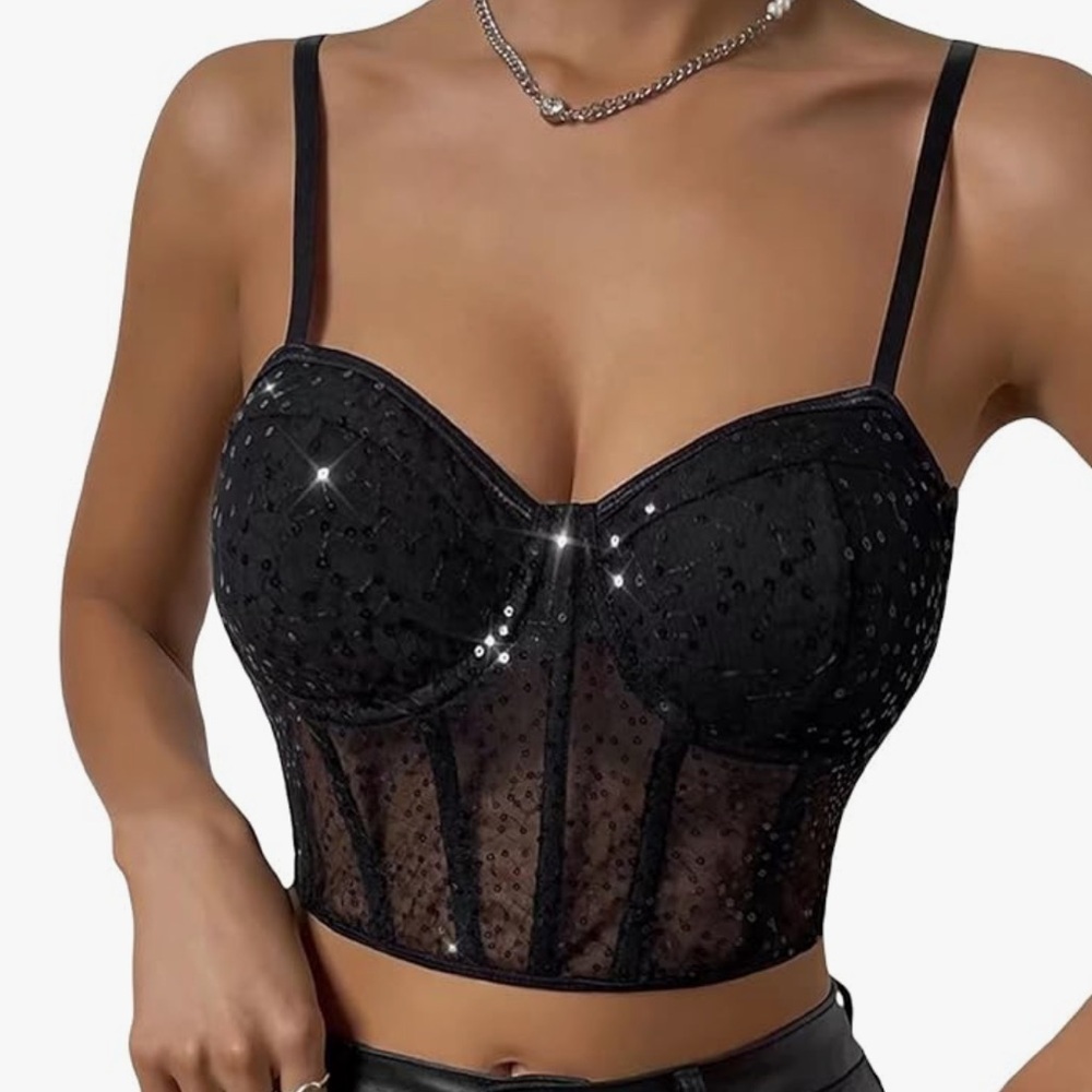 Women's Spaghetti Strap Sleeveless Mesh Cami Crop Top Sequin Bustier Black Small